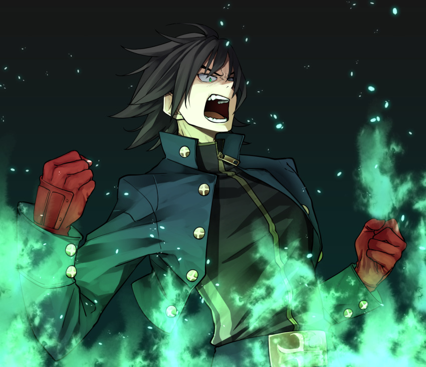 1boy belt belt_buckle black_hair buckle character_request clenched_hands copyright_request fire gloves green_eyes green_fire m.u.g.e.n male_focus open_mouth red_gloves rion_(glayjirobass) shouting solo teeth tongue zipper zipper_pull_tab