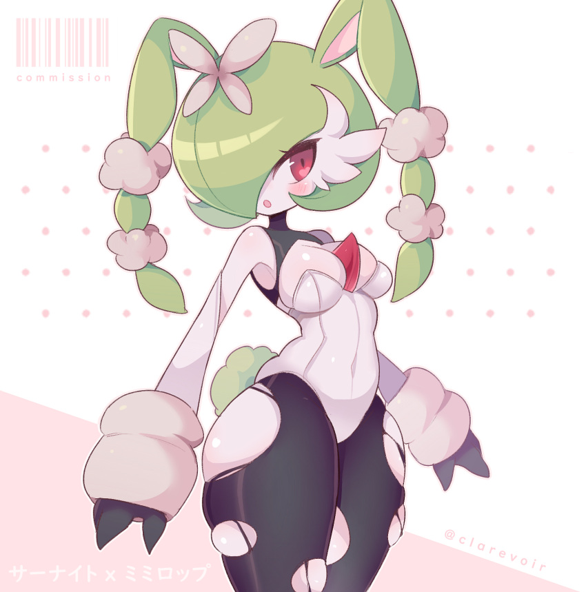 1girl animal_ears artist_name bangs barcode bare_shoulders black_legwear blush bob_cut breasts bunny_tail character_name clarevoir colored_skin commentary covered_navel detached_sleeves english_commentary english_text fusion gardevoir gen_3_pokemon gen_4_pokemon green_hair hair_ornament hair_over_one_eye highres leotard looking_to_the_side lopunny medium_breasts mega_gardevoir mega_lopunny mega_pokemon mixed-language_commentary open_mouth outline pantyhose pink_background pink_outline pokemon pokemon_(creature) rabbit_ears rabbit_girl red_eyes shiny shiny_clothes shiny_hair shiny_skin short_hair simple_background skindentation solo standing strapless strapless_leotard tail thick_thighs thighs torn_clothes torn_legwear translated twitter_username two-tone_background watermark white_background white_leotard white_skin wide_hips