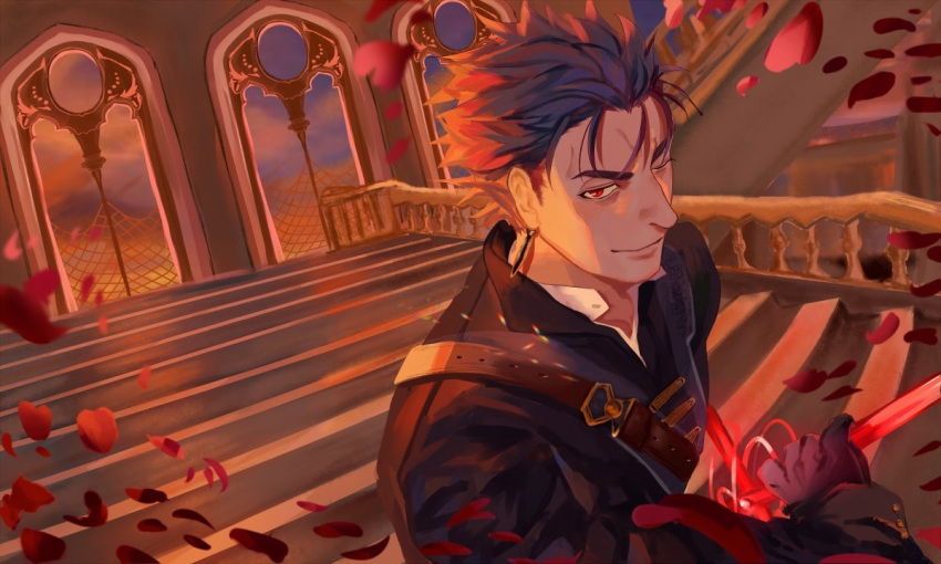 1boy alternate_costume blue_hair closed_mouth collared_shirt cu_chulainn_(fate)_(all) earrings fate/grand_order fate/stay_night fate_(series) geepiiiii grin holding holding_sword holding_weapon jewelry lancer male_focus one_eye_closed petals rapier red_eyes rose_petals shirt short_hair smile solo spiky_hair stairs strap sunset sword the_musketeers_(fate/grand_order) type-moon weapon window