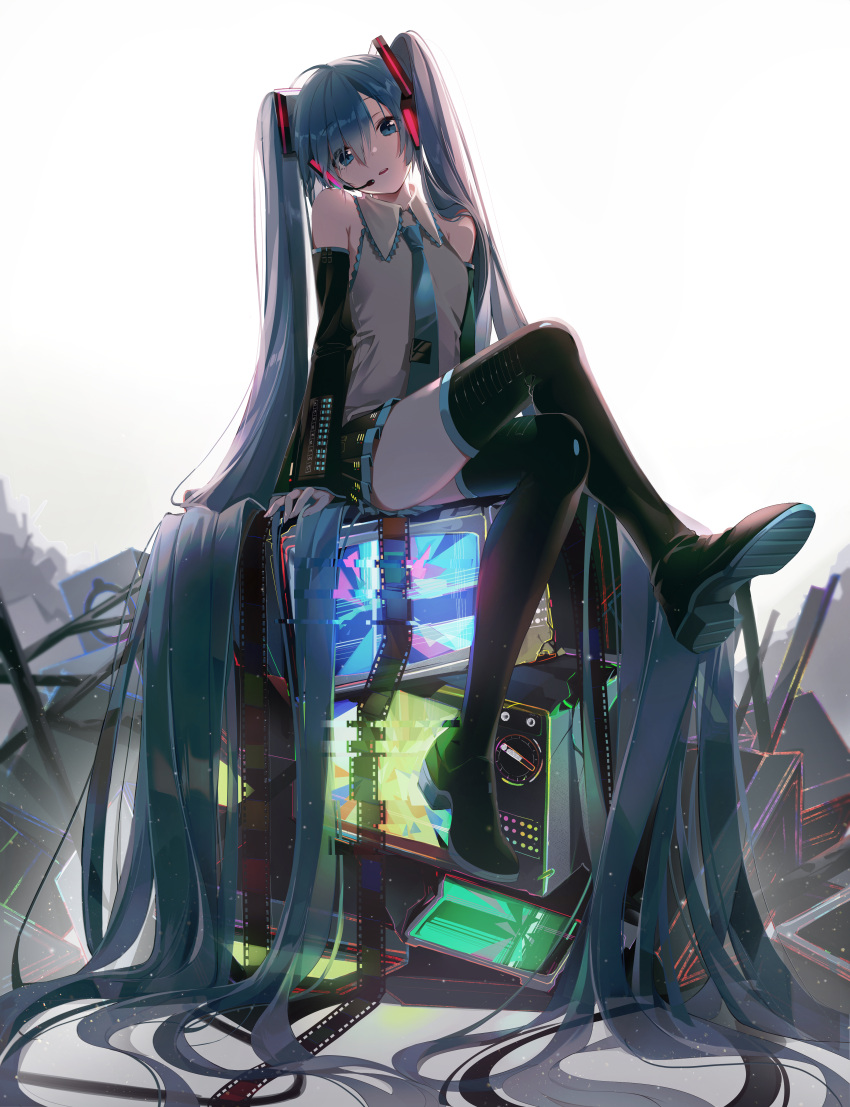1girl absurdly_long_hair absurdres ahoge black_footwear black_skirt black_sleeves blue_eyes blue_hair blue_neckwear boots buri_(retty9349) collared_shirt detached_sleeves full_body grey_shirt hatsune_miku head_tilt headset highres huge_filesize long_hair long_sleeves looking_at_viewer miniskirt necktie parted_lips pleated_skirt shirt simple_background sitting skirt solo television thigh-highs thigh_boots twintails very_long_hair vocaloid white_background zettai_ryouiki