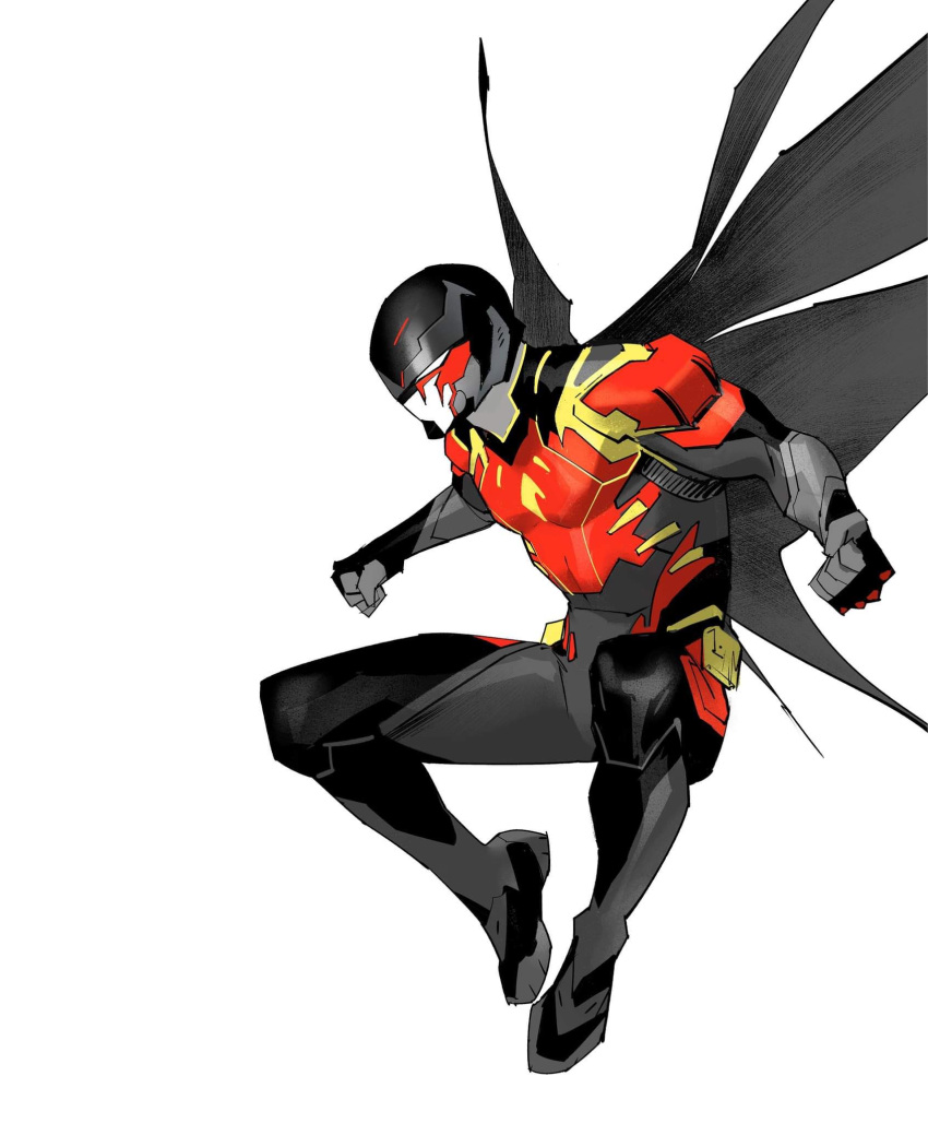 1boy batman_(series) black_gloves cape clenched_hands dan_mora dc_comics english_commentary floating gloves helmet highres looking_down red_robin redesign solo superhero tokusatsu white_background white_eyes