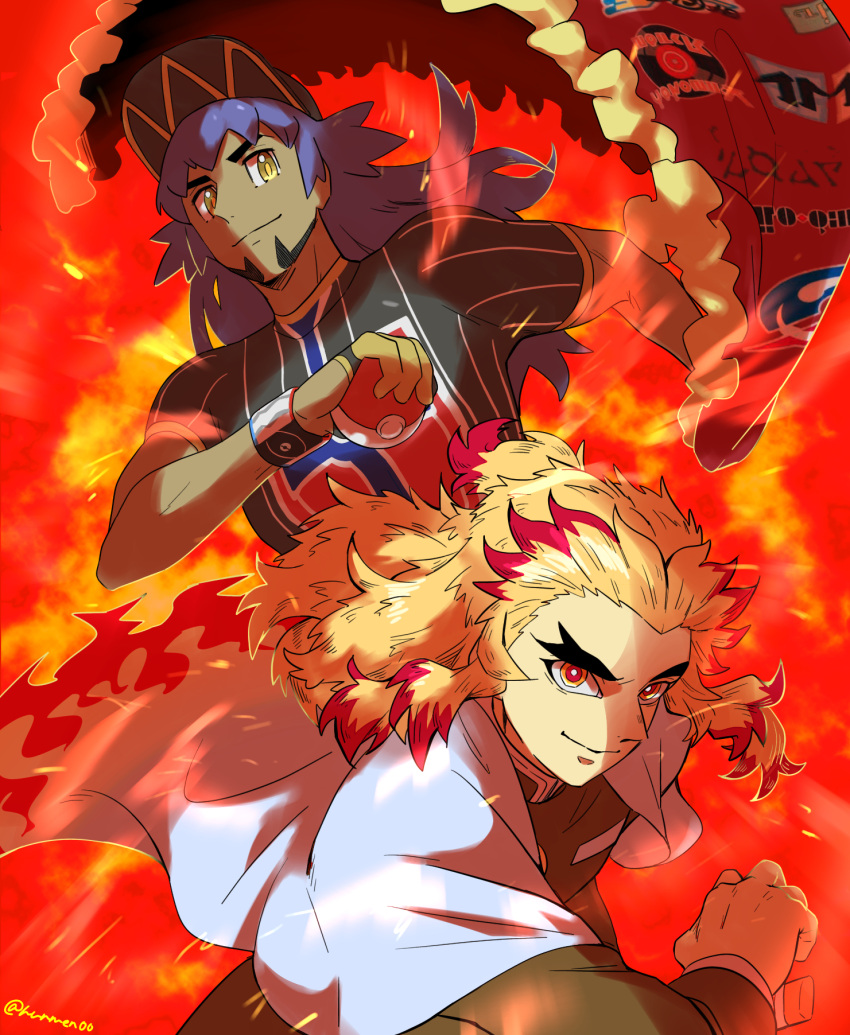 2boys bangs baseball_cap blonde_hair cape champion_uniform closed_mouth commentary_request crossover dark_skin dark_skinned_male dynamax_band facial_hair fire fur-trimmed_cape fur_trim gloves grey_cape hat highres holding holding_cape holding_poke_ball kimetsu_no_yaiba leon_(pokemon) long_hair long_sleeves male_focus mixar0807 multicolored_hair multiple_boys poke_ball poke_ball_(basic) pokemon pokemon_(game) pokemon_swsh purple_hair red_cape redhead rengoku_kyoujurou shirt short_sleeves sideways_glance smile two-tone_hair yellow_eyes