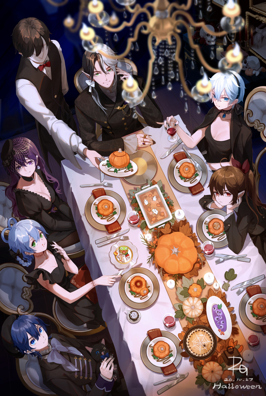 2boys 4girls absurdres asamayuki_ra autumn_leaves black_dress black_hair black_suit blue_eyes blue_hair blurry_foreground braid brown_eyes brown_hair butler candle chandelier chin_rest chinese_commentary commentary cup dated dinner double-breasted dress drinking_glass earrings faceless faceless_male food fork formal from_above green_eyes grey_hair hair_rings hairband halloween highres holding holding_cup indoors jewelry knife long_hair looking_at_viewer looking_up luo_tianyi mo_qingxian mole multicolored_hair multiple_boys multiple_girls necklace pie plate pointy_ears pumpkin purple_hair serving short_hair signature smile table two-tone_hair violet_eyes vocaloid vsinger white_hair wine_glass yanhe yuezheng_ling yuezheng_longya zhiyu_moke