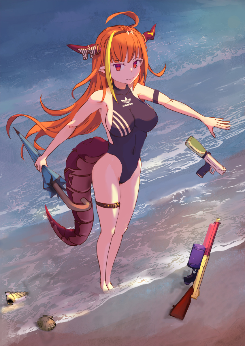 1girl adidas ahoge armband bangs beach bikini black_bow black_hairband blonde_hair blunt_bangs bow bowtie breasts bright_pupils closed_mouth competition_swimsuit dragon_girl dragon_horns dragon_tail eyebrows_visible_through_hair gradient_eyes hair_ornament hairband highlights highres holding holding_umbrella hololive horns kiryuu_coco long_hair looking_at_viewer multicolored multicolored_bow multicolored_eyes multicolored_hair one-piece_swimsuit orange_hair pointy_ears red_eyes samrui sand scales seashell shell sideboob smile solo standing streaked_hair striped swimsuit tail thigh_strap thighs umbrella very_long_hair violet_eyes virtual_youtuber water_gun waves white_bow