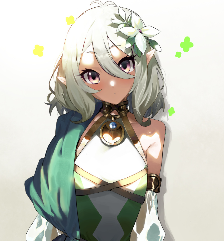1girl :o absurdres bangs cowlick cropped_torso detached_sleeves discoshoujo elf flat_chest flower hair_between_eyes hair_flower hair_ornament highres kokkoro_(princess_connect!) looking_at_viewer medium_hair pointy_ears princess_connect! princess_connect!_re:dive silver_hair solo violet_eyes white_flower