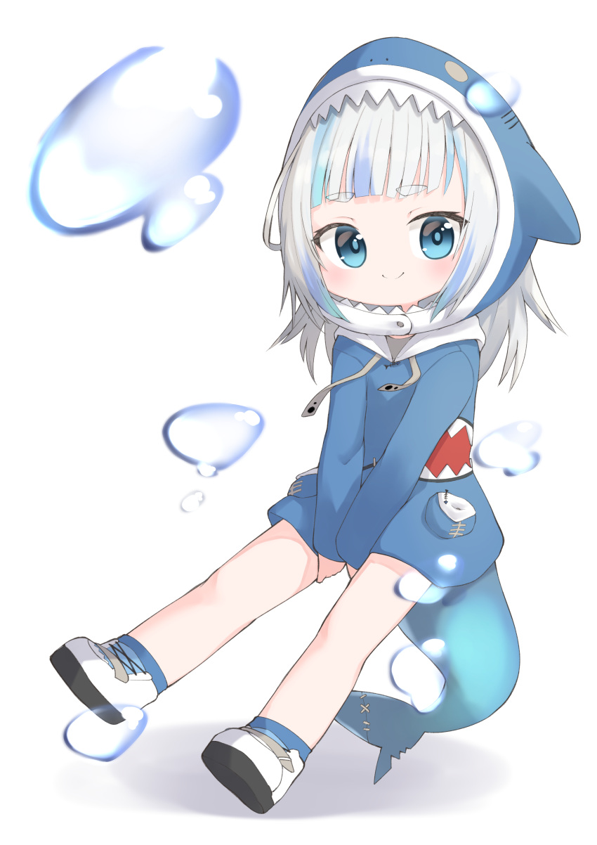 1girl absurdres animal_hood arms_between_legs bangs blue_eyes blue_hair blue_hoodie blunt_bangs bubble chibi closed_mouth commentary_request fish_tail full_body gawr_gura highres hololive hololive_english hood hoodie long_hair long_sleeves looking_at_viewer multicolored_hair open_mouth shark_hood shark_tail sharp_teeth shoes smile solo streaked_hair tail teeth v_arms virtual_youtuber white_background white_hair yumoto_motoyu