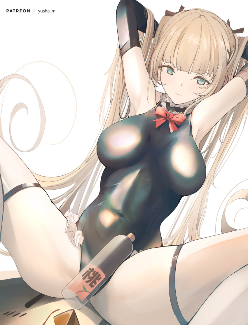 1girl azur_lane blonde_hair blue_eyes blue_swimsuit bottle bow breasts covered_navel dead_or_alive dead_or_alive_xtreme detached_sleeves eyebrows_visible_through_hair frilled_swimsuit frills hands_in_hair highres impossible_clothes long_hair looking_at_viewer marie_rose medium_breasts one-piece_swimsuit red_bow shiny shiny_clothes shiny_swimsuit skin_tight solo spread_legs swimsuit thigh_strap very_long_hair yusha_(m-gata)