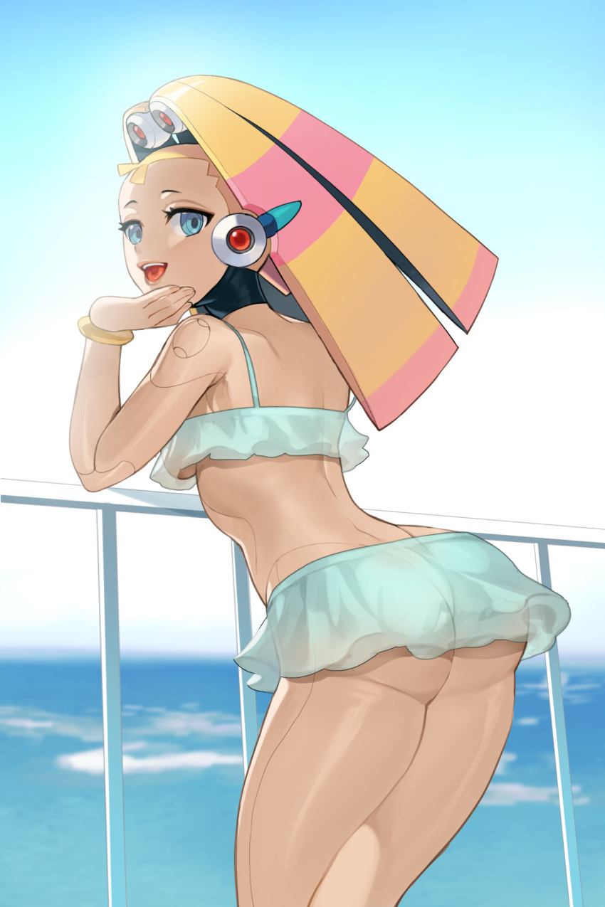 1girl alternate_breast_size android ass bent_over bikini blonde_hair blue_bikini blue_eyes blue_sky bracelet breasts cao_hong_anh frilled_bikini frills highres jewelry looking_at_viewer looking_back medium_breasts ocean palette palette_(rockman) robot_ears rockman rockman_x sky swimsuit