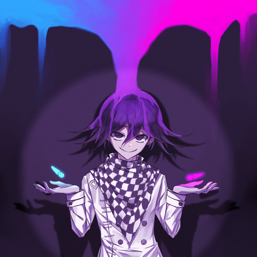 1boy bangs black_hair bullet checkered checkered_scarf closed_mouth commentary_request dangan_ronpa double-breasted hair_between_eyes highres jacket long_sleeves looking_at_viewer lysm425 male_focus new_dangan_ronpa_v3 ouma_kokichi pink_blood purple_hair scarf short_hair smile solo straitjacket upper_body violet_eyes white_jacket