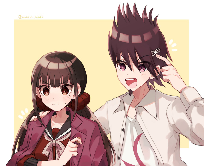 1boy 1girl bangs blunt_bangs blush brown_hair collarbone collared_shirt commentary_request cosplay costume_switch dangan_ronpa dress_shirt facial_hair goatee hair_ornament hair_scrunchie hairclip hand_on_another's_shoulder hand_up harukawa_maki jacket jacket_on_shoulders long_hair long_sleeves looking_at_another low_twintails mole mole_under_eye momota_kaito nanako_01023 new_dangan_ronpa_v3 open_clothes open_jacket open_mouth open_shirt pink_jacket pointing pout print_shirt red_eyes red_scrunchie red_shirt scrunchie shirt spiky_hair sweatdrop twintails twitter_username upper_body white_background white_shirt yellow_background