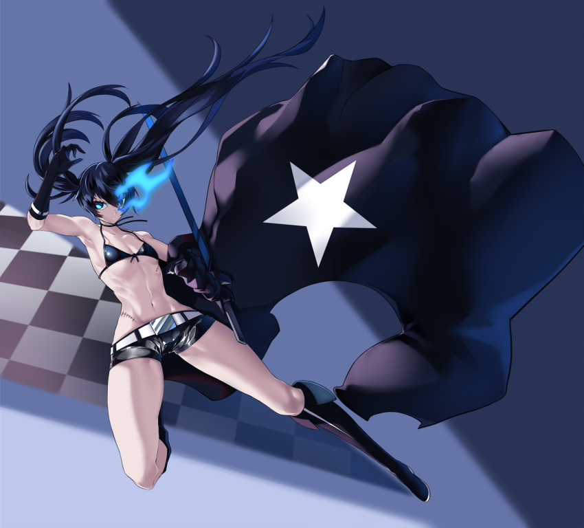 1girl armpits bangs bare_shoulders belt bikini bikini_top black_coat black_footwear black_gloves black_hair black_rock_shooter black_rock_shooter_(character) blue_background blue_eyes boots checkered checkered_background coat collarbone commentary elbow_gloves flaming_eye flat_chest floating_hair full_body gloves groin hair_between_eyes highres holding holding_sword holding_weapon katana knee_boots long_hair looking_at_viewer midriff mrnn navel pale_skin scar short_shorts shorts sidelocks solo star_(symbol) star_print swimsuit sword toned twintails uneven_twintails very_long_hair weapon