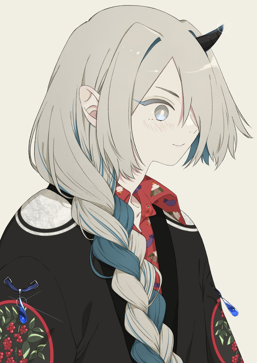 1boy absurdres black_horns blue_hair blue_menouu braid braided_ponytail collared_shirt glint grey_eyes grey_hair hair_over_one_eye hair_over_shoulder highres horns multicolored_hair original print_shirt red_shirt shirt single_horn smile solo two-tone_hair upper_body