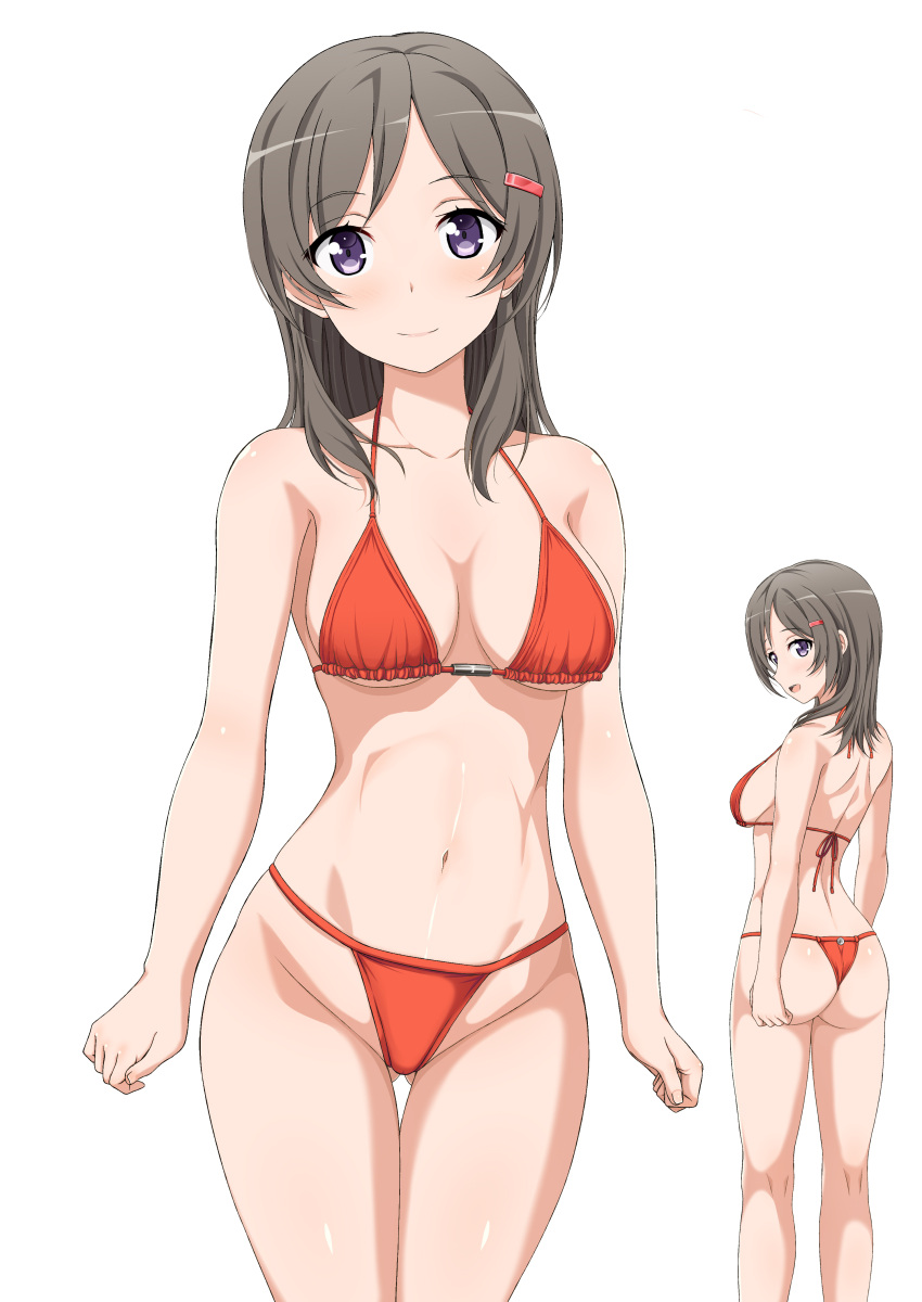 1girl :d absurdres ass_visible_through_thighs bangs bare_arms bare_back bare_legs bare_shoulders bikini blush breasts china_moeka clenched_hand collarbone eyebrows_visible_through_hair hair_ornament hairclip halter_top halterneck high_school_fleet highres inoshira light_brown_hair looking_at_viewer medium_breasts multiple_views navel open_mouth red_bikini sideboob simple_background sleeveless smile swimsuit thong thong_bikini under_boob violet_eyes white_background