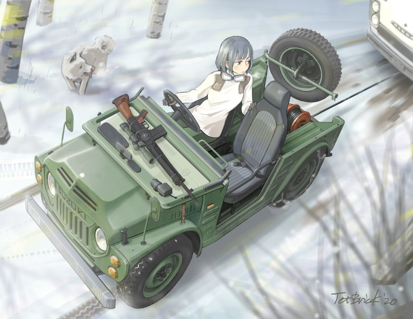 1girl artist_name bangs battle_rifle black_eyes blue_hair breasts dog driving from_above goggles goggles_around_neck gun honda howa_type_64 jettoburikku looking_back medium_breasts original rifle scope short_hair snow suzuki_(company) sweater towing vehicle_focus weapon