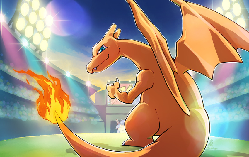 blastoise charizard closed_mouth commentary_request fang fire flame gen_1_pokemon grass green_eyes light looking_at_viewer looking_back no_humans outdoors outline peron_(niki2ki884) pokemon pokemon_(creature) sky smile stadium standing