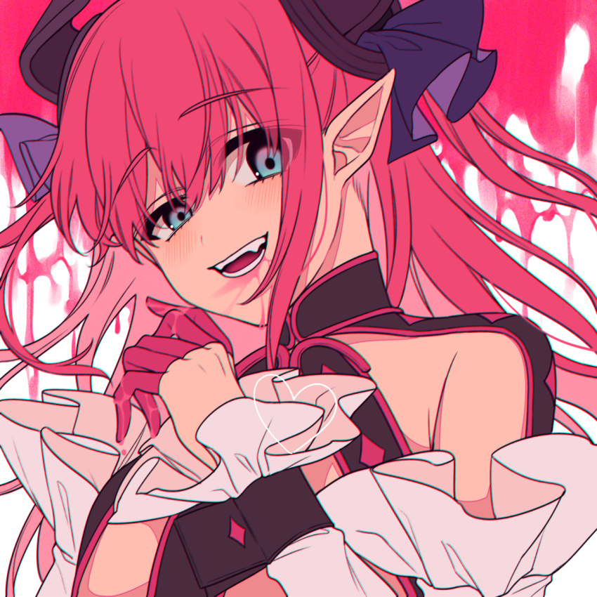 1girl :d bangs blue_eyes blush curled_horns detached_sleeves dragon_horns elizabeth_bathory_(fate) elizabeth_bathory_(fate)_(all) eyebrows_visible_through_hair fang fate/extra fate/extra_ccc fate_(series) hair_between_eyes hair_ribbon head_tilt heart highres horns karokuchitose long_hair long_sleeves looking_at_viewer open_mouth pink_hair pointy_ears purple_ribbon ribbon smile solo two_side_up underwear upper_teeth white_sleeves