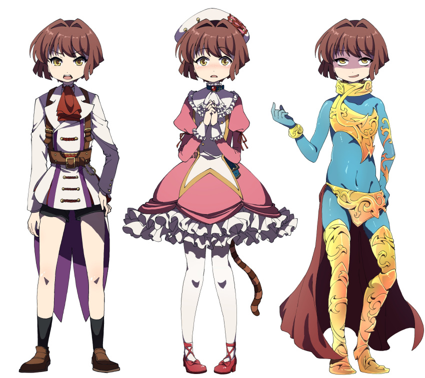 1girl 2boys absurdres black_legwear blue_skin boots brown_hair cat_tail ciconia_no_naku_koro_ni coattails colored_skin dress frilled_dress frills gold_armor hands_together highres mitake_miyao multiple_boys prgdmk shorts tail thigh-highs thigh_boots white_legwear yellow_eyes