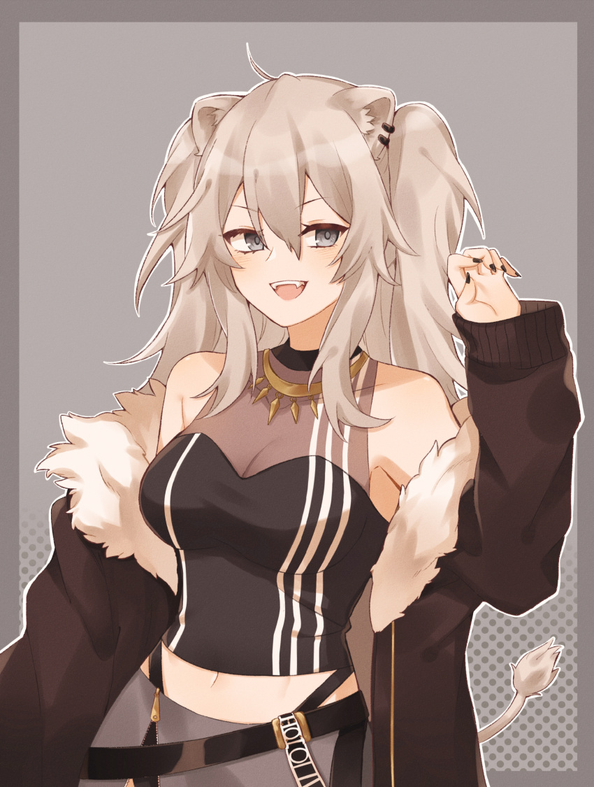 1girl absurdres animal_ears bare_shoulders black_jacket black_nails breasts commentary_request crop_top ear_piercing fur-trimmed_jacket fur_trim grey_eyes grey_hair hair_between_eyes highres hololive jacket jewelry lion_ears lion_girl lion_tail long_hair medium_breasts nail_polish navel necklace open_mouth piercing see-through shishiro_botan smile solo tail user_dnup5744 virtual_youtuber