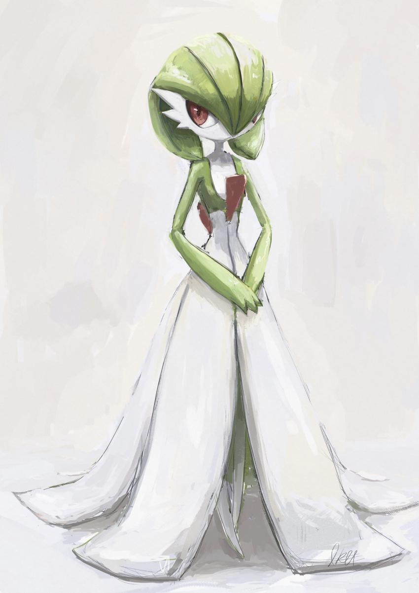 1girl artist_name bangs bob_cut colored_skin flat_chest full_body gardevoir gen_3_pokemon green_hair green_skin hair_over_one_eye hands_together highres ikei looking_to_the_side no_mouth pokemon pokemon_(creature) red_eyes short_hair signature simple_background solo standing two-tone_skin white_background white_skin