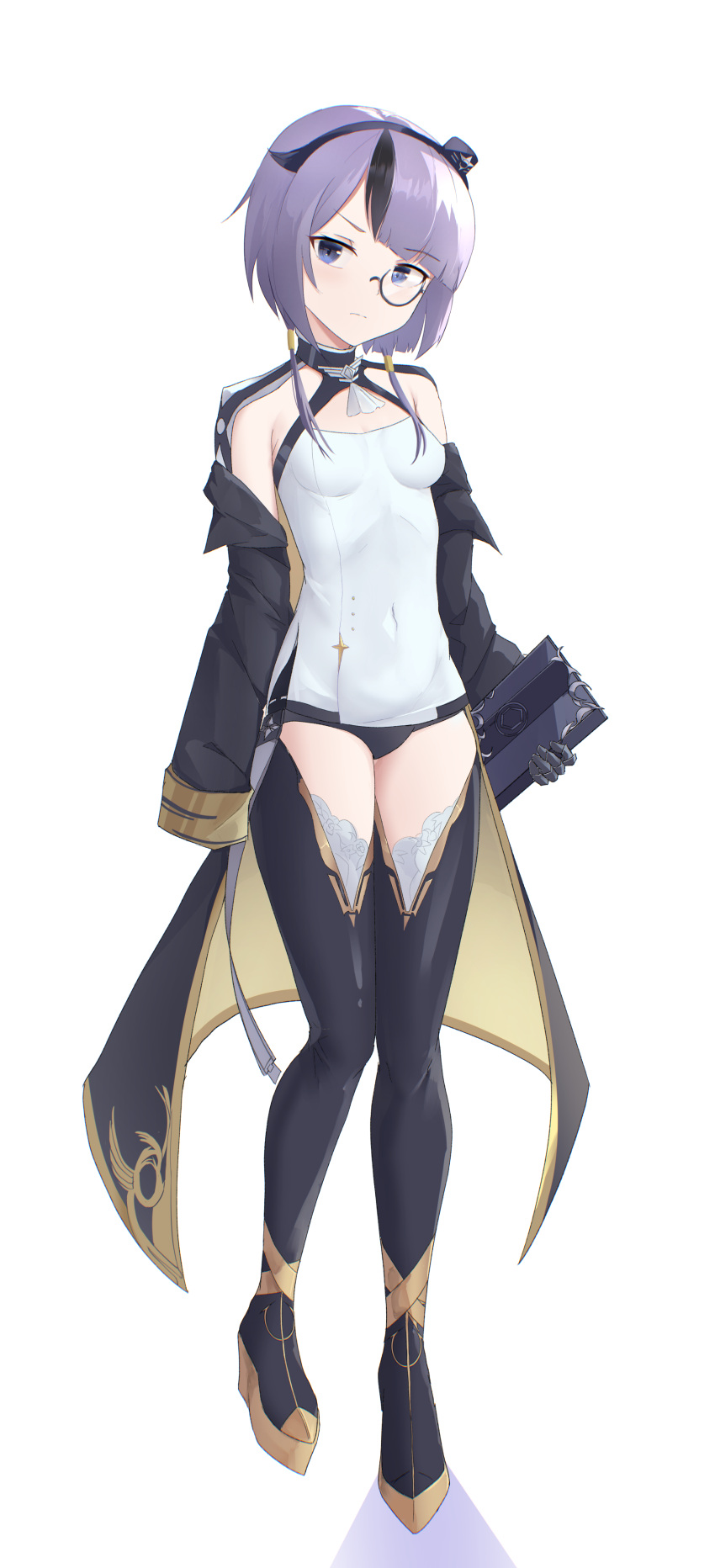 1girl absurdres azur_lane bangs bearn_(azur_lane) black_footwear black_hair blue_eyes blue_hair boots breasts closed_mouth covered_navel cowboy_shot danraz0r eyebrows_visible_through_hair folder frown full_body gradient gradient_background hairband hat head_tilt highres holding_folder jacket looking_at_viewer mini_hat monocle multicolored_hair off-shoulder_jacket off_shoulder parted_bangs short_hair sidelocks simple_background small_breasts solo standing streaked_hair thigh-highs thigh_boots