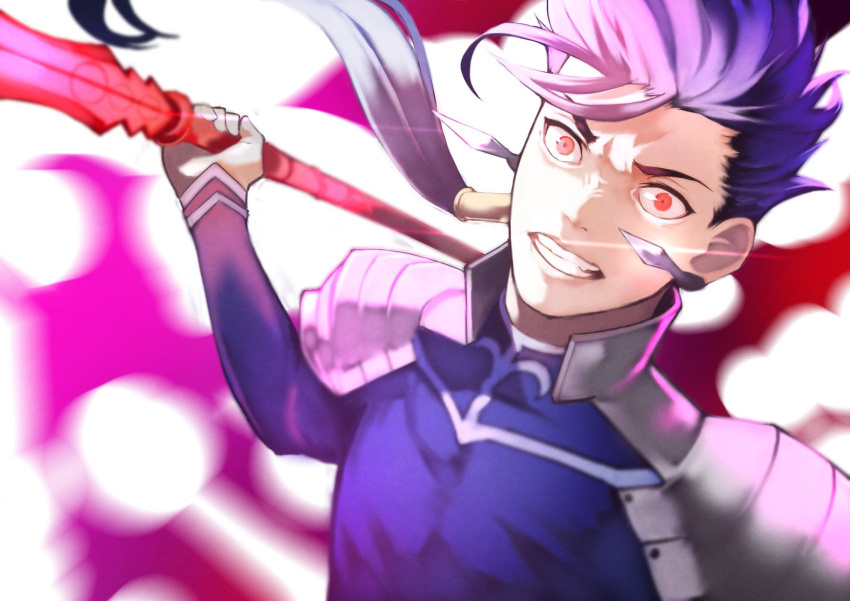 1boy angry armor beads blue_hair clenched_teeth closed_mouth cu_chulainn_(fate)_(all) earrings fang fate/stay_night fate_(series) floating_hair gae_bolg hair_beads hair_ornament highres holding holding_polearm holding_weapon incoming_attack jewelry lancer long_hair looking_at_viewer male_focus pauldrons polearm ponytail red_eyes shoulder_armor skin_tight solo spiky_hair teeth type-moon weapon wide-eyed yoshio_(55level)