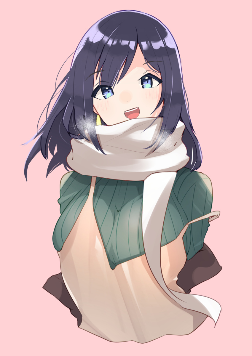 1girl ajifry39 black_eyes blue_eyes brown_dress cropped_torso dress green_sweater highres kantai_collection long_hair looking_at_viewer official_alternate_costume pink_background ribbed_sweater scarf simple_background smile solo souryuu_(kancolle) strap_slip sweater white_scarf