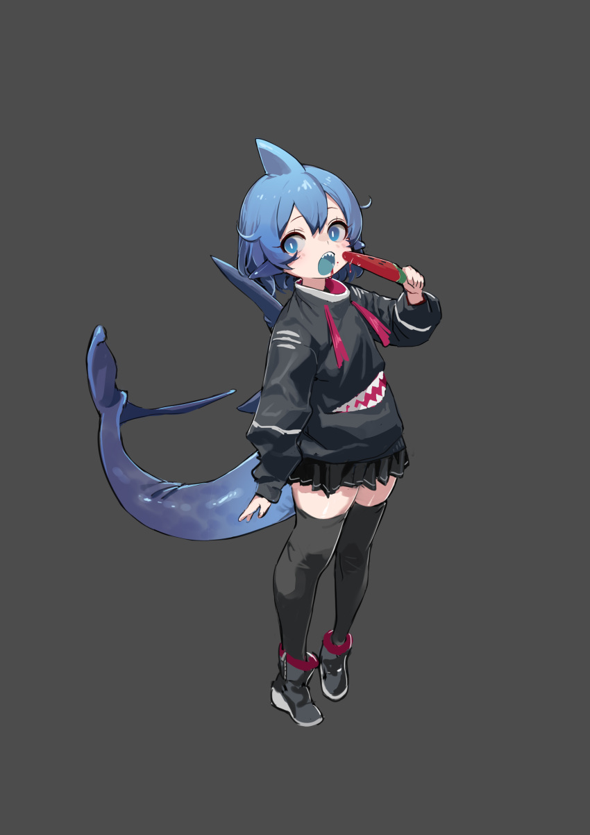 1girl absurdres black_footwear black_legwear black_skirt blue_eyes blue_hair blue_tongue check_copyright copyright_request fingernails fish_tail food fruit grey_background highres holding holding_food long_eyelashes melting open_mouth original popsicle shark_fin shark_girl shark_tail sharp_teeth shisantian short_hair simple_background sketch skirt solo standing tail teeth thigh-highs tongue upper_teeth watermelon zipper zipper_pull_tab