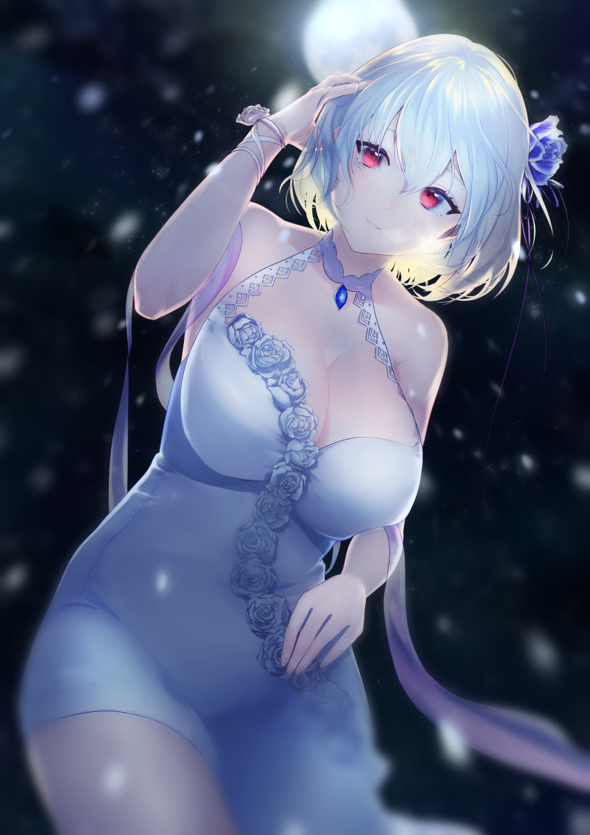 1girl absurdres azur_lane bare_shoulders breasts cleavage_cutout clothing_cutout dress evening_gown flower flower-trimmed_dress full_moon hair_between_eyes hair_flower hair_ornament halter_dress hand_in_hair highres large_breasts moon oshida_bob purple_ribbon red_eyes ribbon rose sapphire_(gemstone) short_hair sirius_(azur_lane) sirius_(white_rose)_(azur_lane) sleeveless sleeveless_dress solo white_dress white_flower white_hair white_rose