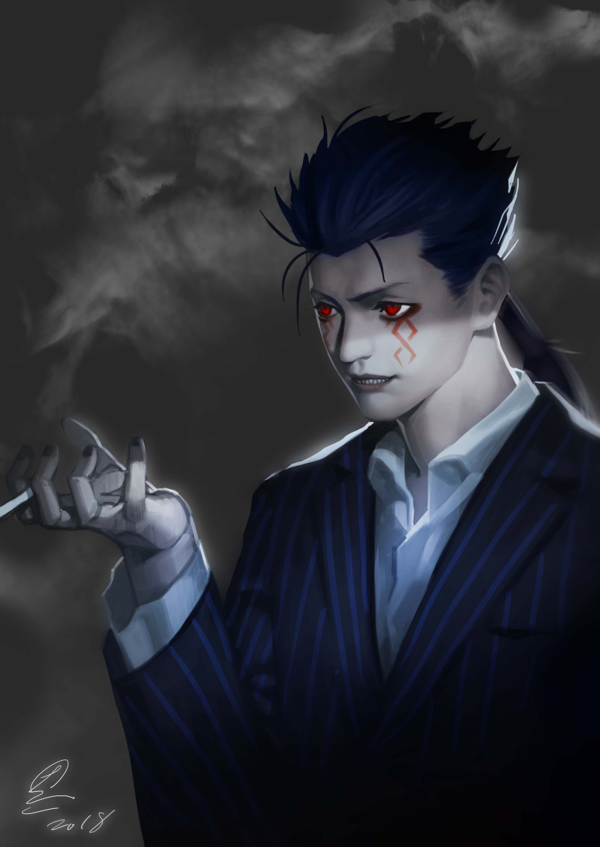 1boy absurdres alternate_costume blue_hair closed_mouth collared_shirt cu_chulainn_(fate)_(all) cu_chulainn_alter_(fate/grand_order) dark_blue_hair dark_persona facepaint fate/grand_order fate_(series) glowing glowing_eyes grey_background highres jacket long_hair male_focus ponytail red_eyes sharp_teeth shirt signature simple_background smoke smoking solo spiky_hair teeth type-moon zhoumo_fangjia