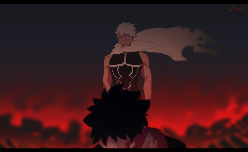 3boys applechoc archer armor bare_arms black_hair blurry burning cape dark_skin depth_of_field emiya_kiritsugu emiya_shirou fate/stay_night fate_(series) floating_cape highres looking_at_another multiple_boys out_of_frame redhead sad signature tattered_cape time_paradox twitter_username white_hair