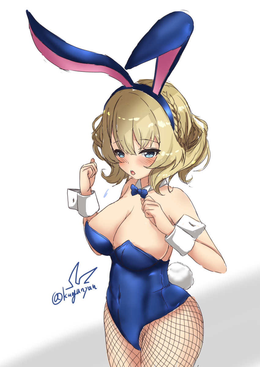 1girl animal_ears blonde_hair blue_eyes blue_leotard blue_neckwear bow bowtie breasts bunny_tail colorado_(kantai_collection) commentary_request cowboy_shot detached_collar fishnet_legwear fishnets highres kantai_collection kuga_zankurou large_breasts leotard pantyhose playboy_bunny rabbit_ears short_hair side_braids simple_background solo strapless strapless_leotard tail twitter_username white_background wrist_cuffs