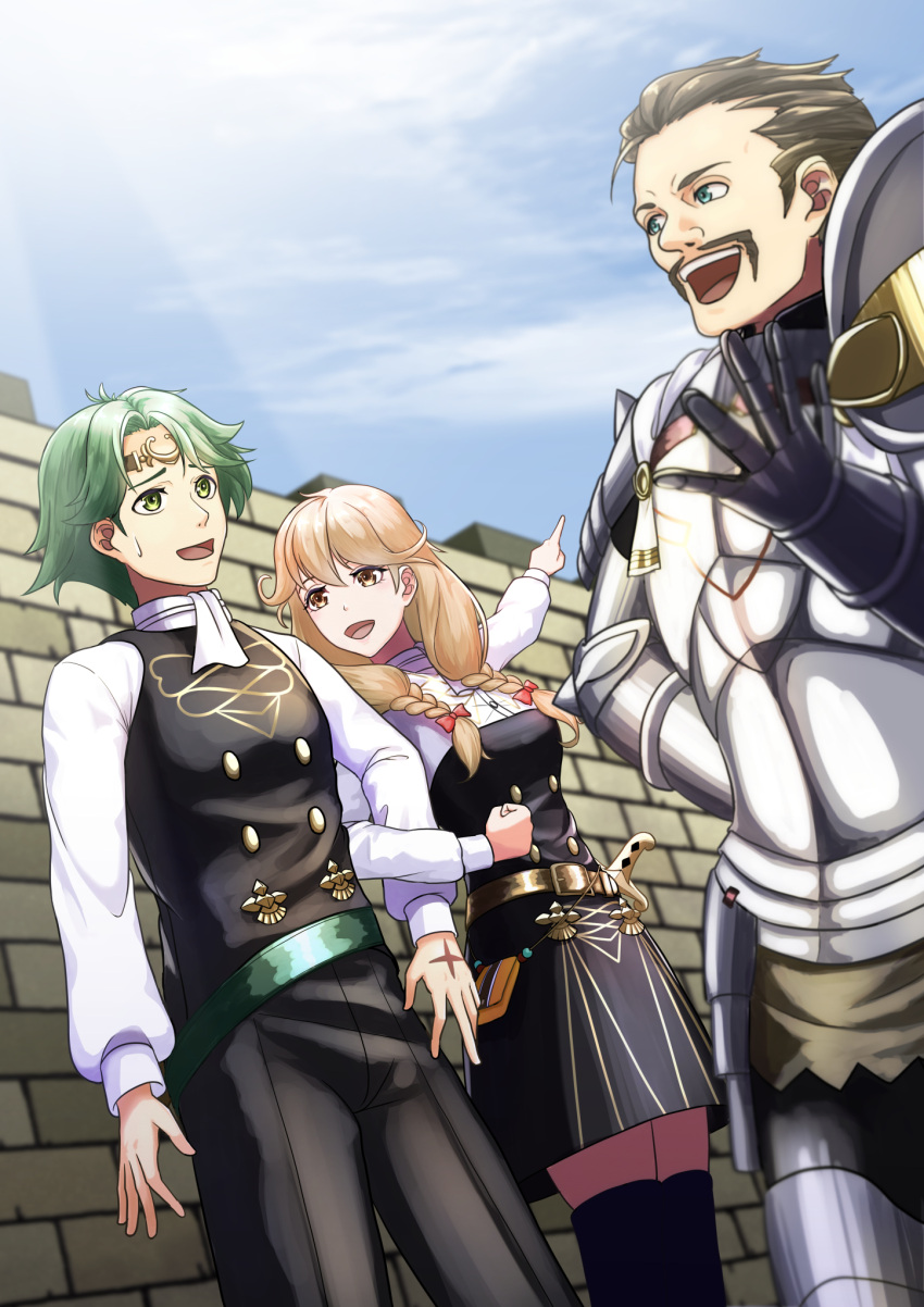 1girl 2boys alm_(fire_emblem) alois_rangeld alternate_costume arm_holding armor circlet cowboy_shot faye_(fire_emblem) fire_emblem fire_emblem:_three_houses fire_emblem_echoes:_shadows_of_valentia fire_emblem_gaiden garreg_mach_monastery_uniform highres multiple_boys open_mouth pointing sukkirito_(rangusan) sweatdrop