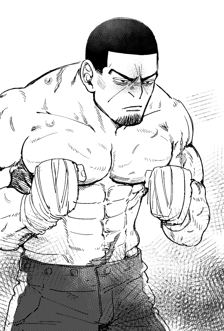 1boy :/ abs black_eyes black_hair boxing_gloves buzz_cut facial_hair fighting_stance frown goatee golden_kamuy greyscale highres male_focus monochrome navel ni_yuu nipples pectorals scarf shirtless short_hair simple_background solo stubble tsukishima_hajime very_short_hair