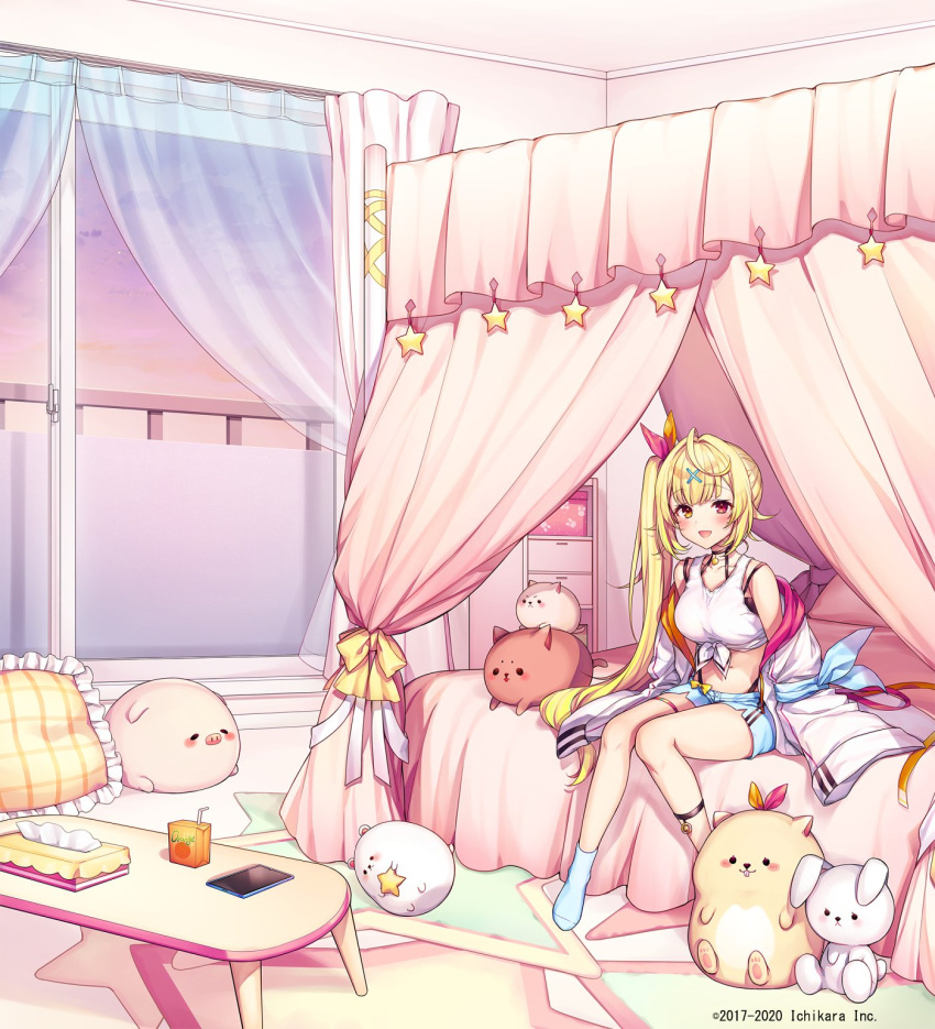 1girl :d ahoge bare_shoulders bed black_choker blonde_hair blue_shorts breasts canopy_bed choker crop_top curtains front-tie_top hair_ornament hair_ribbon heterochromia highleg highres hoshikawa_sara indoors jacket komeshiro_kasu large_breasts long_hair long_sleeves looking_at_viewer midriff navel nijisanji off_shoulder on_bed open_clothes open_jacket open_mouth red_eyes ribbon shirt short_shorts shorts side_ponytail sitting sleeveless sleeveless_shirt sleeves_past_fingers sleeves_past_wrists smile socks solo stomach stuffed_animal stuffed_toy table tank_top thigh_strap thighs very_long_hair white_jacket white_legwear white_shirt window x_hair_ornament yellow_eyes
