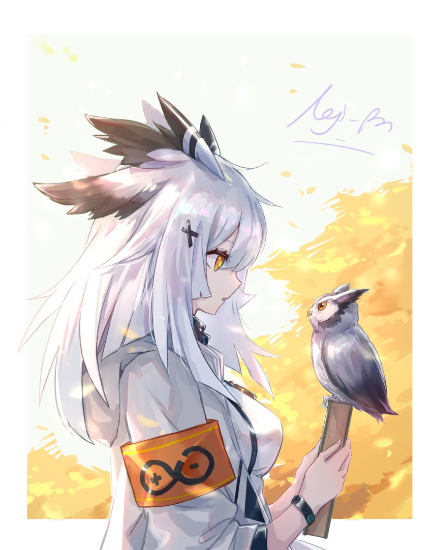 1girl arknights armband bangs bird book border bracelet breasts commentary_request feather_hair from_side grey_jacket hair_flaps hair_ornament hairclip highres holding holding_book hood hooded_jacket jacket jewelry long_hair long_sleeves medium_breasts nejikyuu orange_eyes outside_border owl parted_lips profile ptilopsis_(arknights) rhine_lab_logo signature upper_body white_border white_hair x_hair_ornament