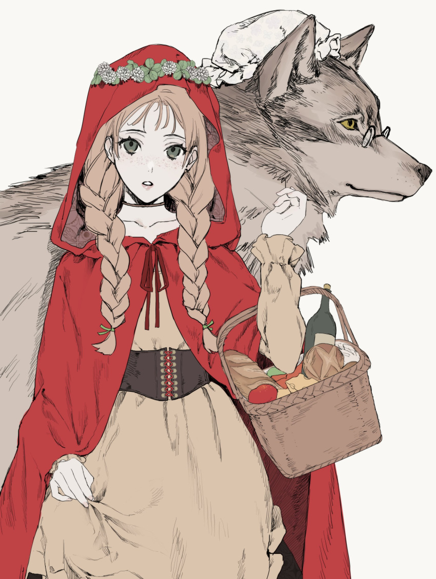 1girl absurdres animal big_bad_wolf_(grimm) bottle braid breasts brown_hair cheese cloak fingernails food freckles glasses green_eyes hand_up hat head_wreath highres hood hood_up hooded_cloak little_red_riding_hood little_red_riding_hood_(grimm) long_hair long_sleeves looking_at_viewer oversized_animal parted_lips picnic_basket pillow_hat pince-nez pink_nails red_cloak red_hood sankomichi simple_background skirt_hold twin_braids underbust white_background wine_bottle wolf