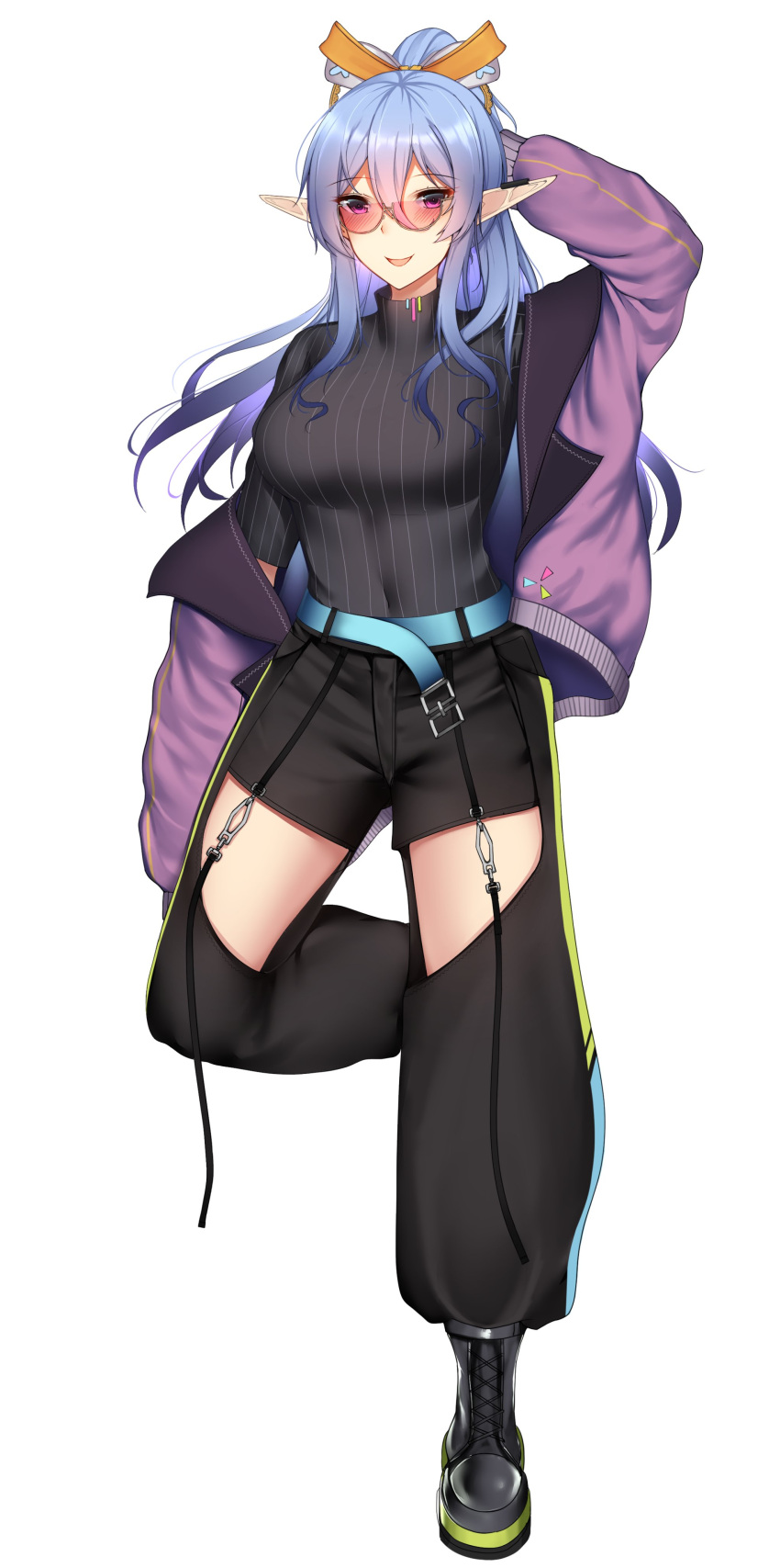 1girl absurdres bangs belt blue_belt blue_hair boots elf english_commentary hair_between_eyes highres indie_virtual_youtuber jacket kitsune_udon_(ai_br) long_pointy_ears open_mouth pants_tucked_in pink_eyes pointy_ears ponytail purple_jacket rae_laviere smile solo sunglasses virtual_youtuber