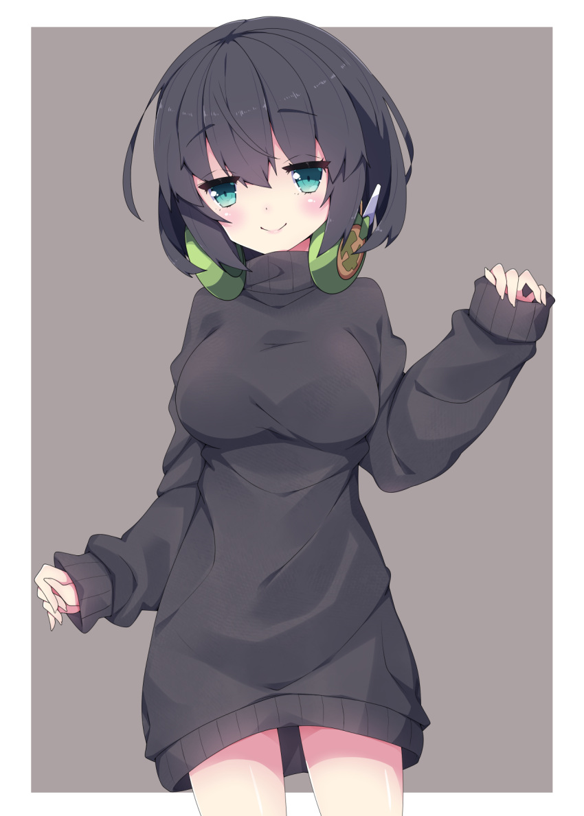 1girl bangs black_hair black_sweater blue_eyes breasts closed_mouth commentary_request dress eyebrows_visible_through_hair grey_background hair_between_eyes hand_up headphones headphones_around_neck highres kyoumachi_seika long_sleeves looking_at_viewer medium_breasts milkpanda sleeves_past_wrists smile solo sweater sweater_dress two-tone_background voiceroid white_background