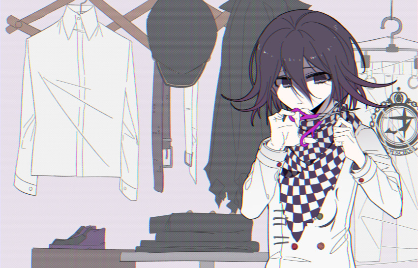 1boy bangs black_hair black_headwear black_pants checkered checkered_scarf commentary_request dangan_ronpa hair_between_eyes hands_up hat hat_removed headwear_removed highres holding holding_scissors jacket jacket_removed long_sleeves looking_at_viewer lysm425 male_focus new_dangan_ronpa_v3 ouma_kokichi pants pants_removed scarf scissors shirt shirt_removed shoes short_hair solo spot_color straitjacket table upper_body violet_eyes white_jacket white_pants white_shirt