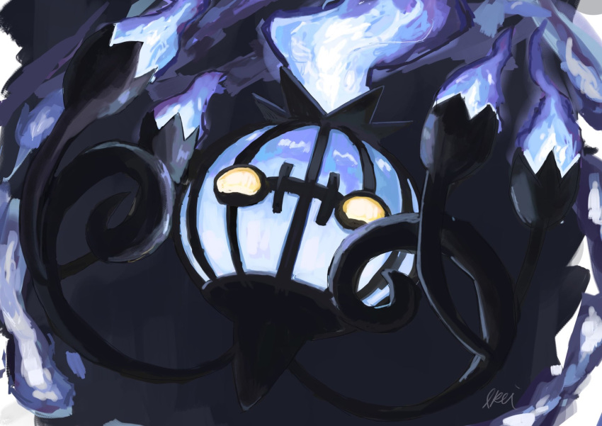 artist_name blank_eyes blue_background blue_fire chandelure commentary english_commentary fire floating full_body gen_5_pokemon happy highres ikei mixed-language_commentary no_humans pokemon pokemon_(creature) signature simple_background solo yellow_eyes