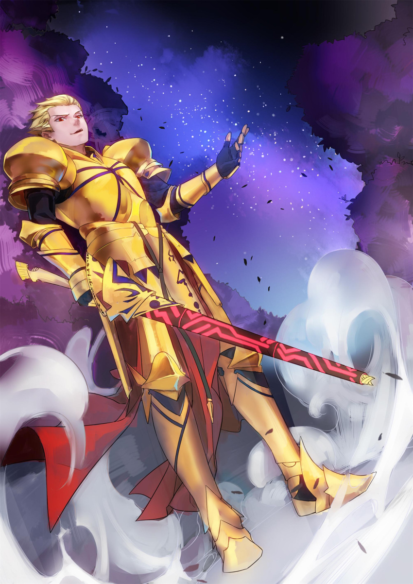 1boy absurdres armor blonde_hair clouds dutch_angle ea_(fate/stay_night) earrings fate/stay_night fate_(series) full_armor full_body gilgamesh gold_armor gouichi hair_up highres jewelry male_focus red_eyes sky smoke solo standing star_(sky) starry_sky sword weapon