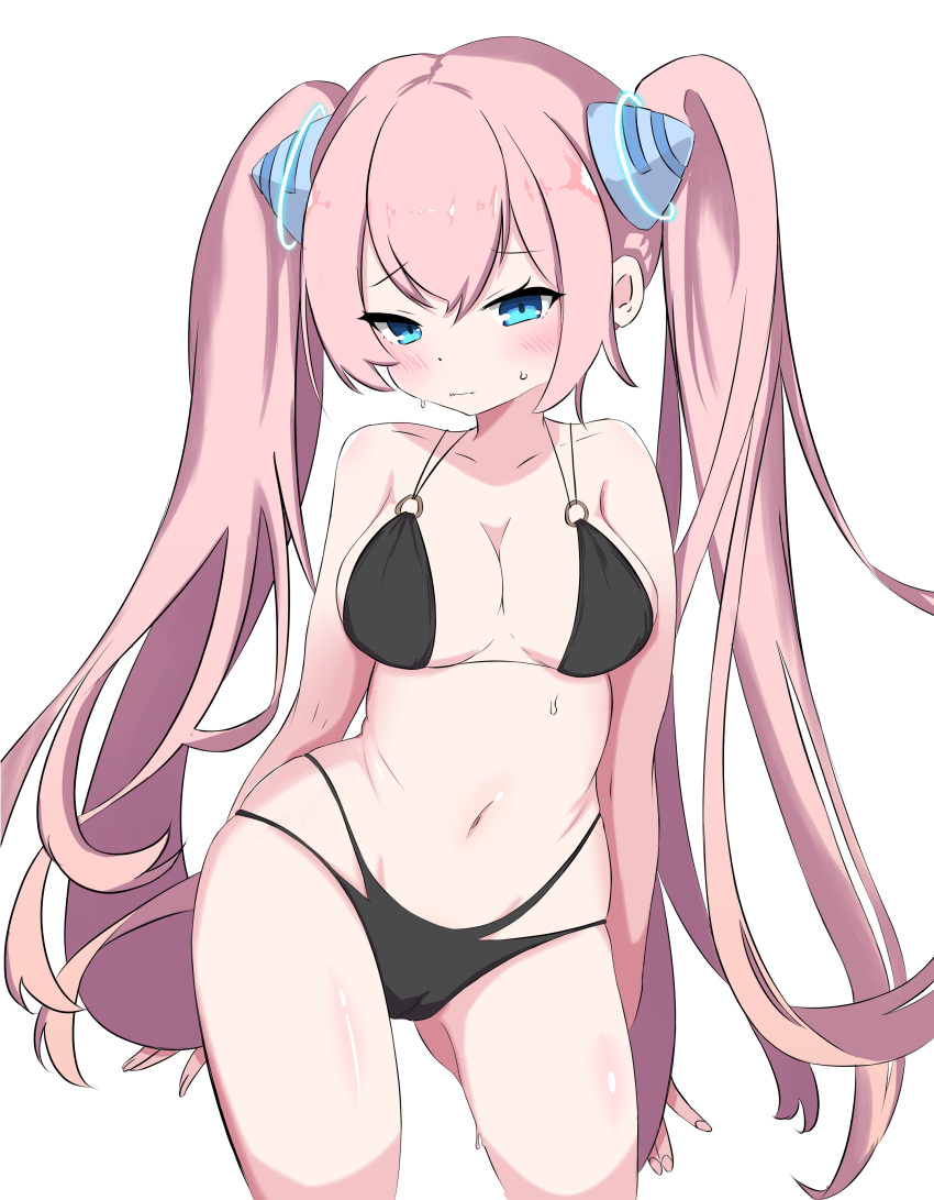 absurdres angelic_buster bikini black_bikini blue_eyes blush breasts highres horns large_breasts maplestory osk50217 pink_hair simple_background swimsuit two_side_up