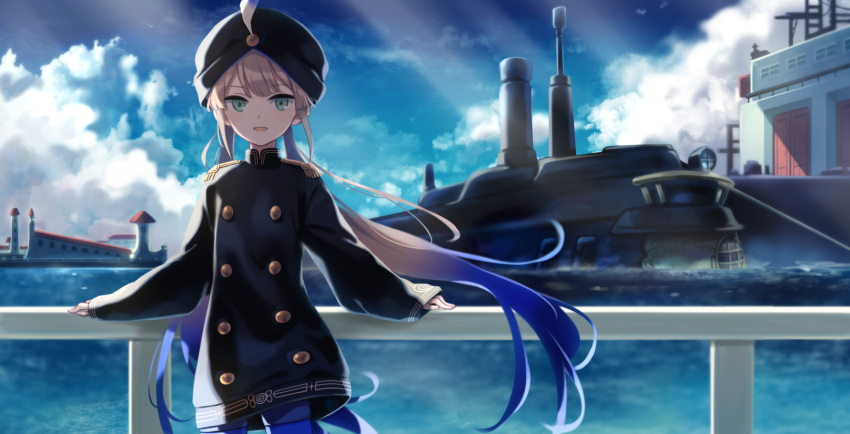 1boy aqua_eyes captain_nemo_(fate/grand_order) clouds fate/grand_order fate_(series) gradient_hair harbor highres kodamari military military_uniform multicolored_hair naval_uniform ocean submarine turban twintails uniform watercraft