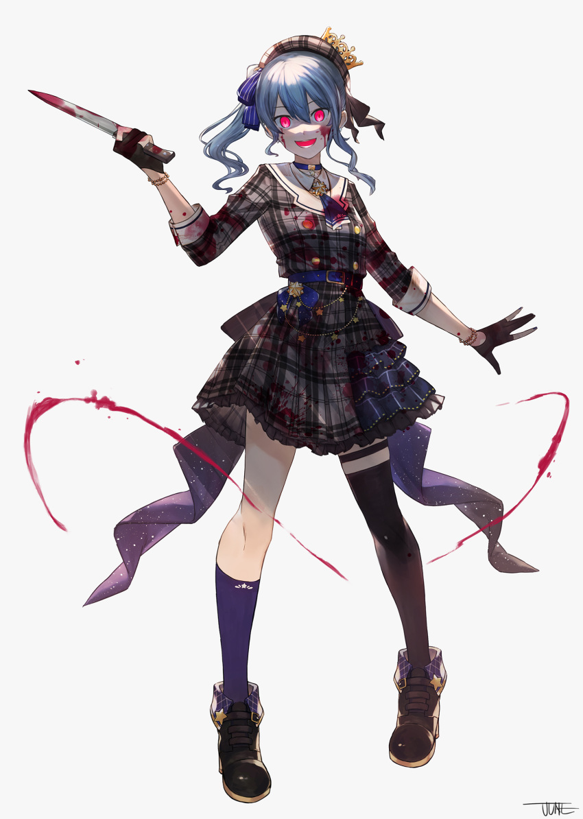 1girl absurdres asymmetrical_legwear beret black_legwear blood blood_on_face bloody_clothes blue_hair commentary_request full_body gloves hair_between_eyes hat highres hololive hoshimachi_suisei jun_wei knife looking_at_viewer red_eyes shoes side_ponytail simple_background smile solo standing virtual_youtuber white_background