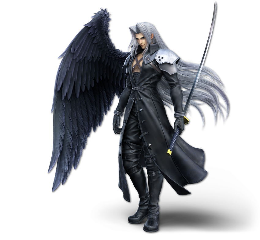 1boy 3d armor artist_request black_coat black_footwear black_gloves black_pants blue_eyes boots closed_mouth coat collarbone feathered_wings final_fantasy final_fantasy_vii forehead full_body gloves grey_hair hair_intakes happy high_collar highres holding holding_sword holding_weapon katana long_hair long_sleeves looking_at_viewer male_focus official_art pants sephiroth shoulder_armor single_wing smile solo standing super_smash_bros. sword thigh-highs thigh_boots transparent_background trench_coat very_long_hair weapon wings