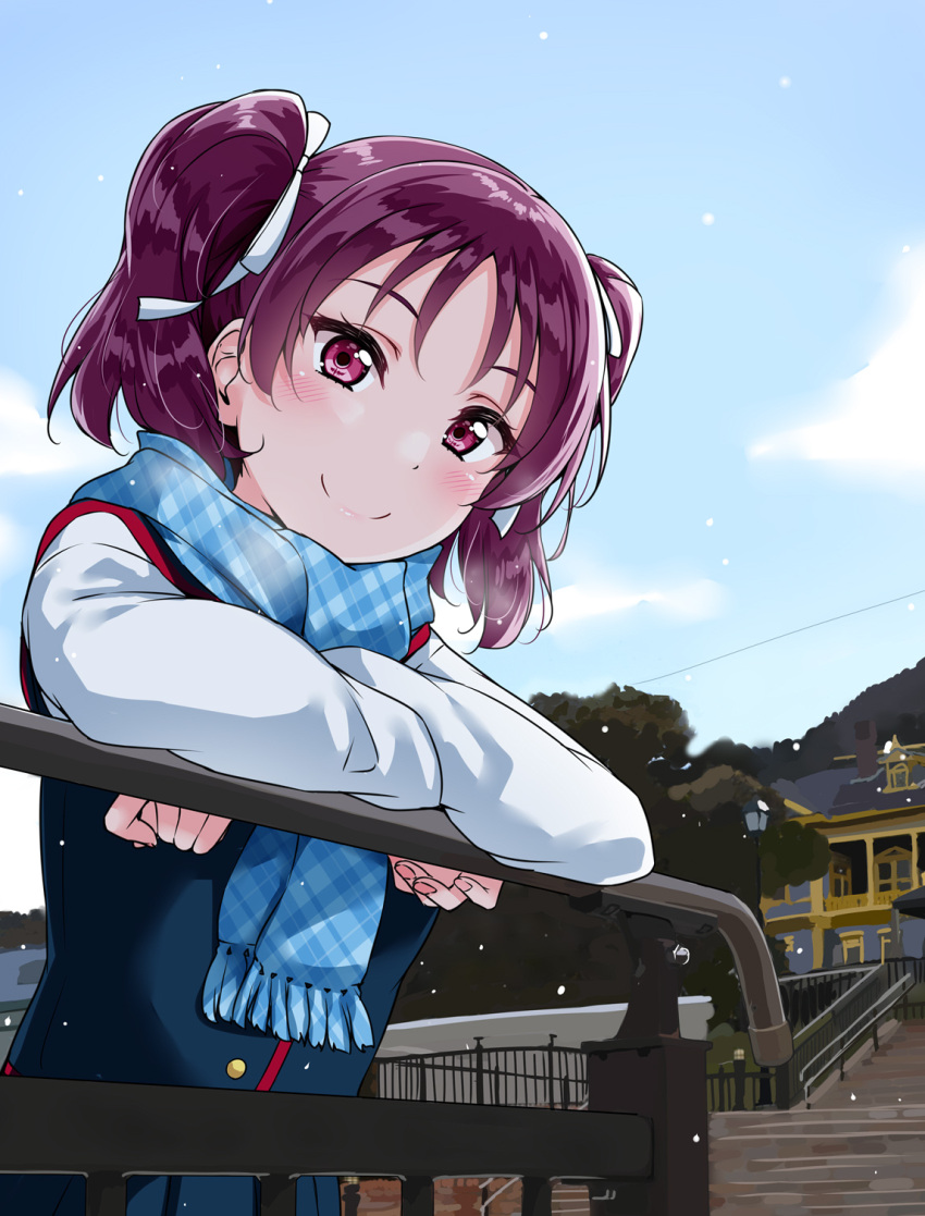 1girl against_railing arm_rest bangs blue_scarf blue_sky blue_vest blush brick_wall building clouds crossed_arms fence hair_ribbon highres kazuno_leah leaning_forward long_sleeves looking_at_viewer love_live! love_live!_sunshine!! nail_polish outdoors plaid plaid_scarf purple_hair ribbon scarf school_uniform shirt sky smile snow snowing solo stairs tree twintails upper_body vest violet_eyes white_ribbon white_shirt yopparai_oni