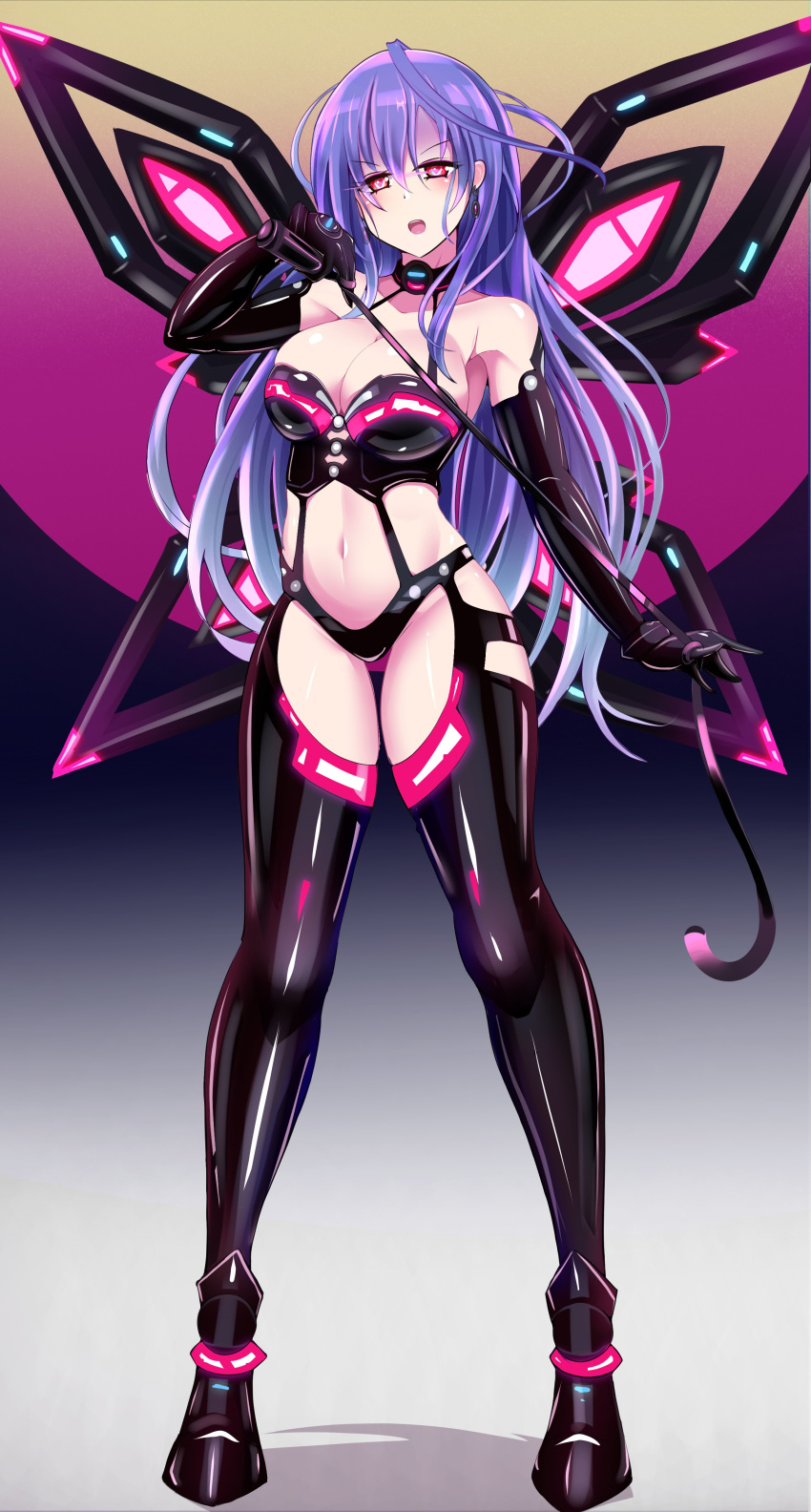 1girl absurdres black_gloves black_legwear blue_hair blush breasts earrings elbow_gloves full_body gloves hair_over_one_eye heart heart-shaped_pupils highres ibusuki iris_heart jewelry kami_jigen_game_neptune_v large_breasts long_hair looking_at_viewer navel neptune_(series) open_mouth pink_eyes shadow solo standing symbol-shaped_pupils thigh-highs whip