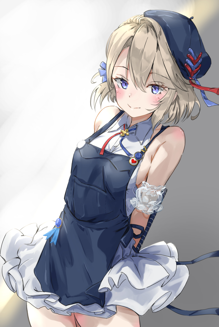 1girl apron armpit_crease arms_behind_back azur_lane badge bangs bare_shoulders beret blonde_hair blue_eyes blue_headwear breasts button_badge buttons closed_mouth collared_dress commentary dress eyebrows_visible_through_hair frilled_dress frills hair_between_eyes hat highres looking_at_viewer sankyo_(821-scoville) sideboob sidelocks sleeveless sleeveless_dress small_breasts smile solo standing white_dress z23_(azur_lane) z23_(the_eyecatch_in_the_rye)_(azur_lane)