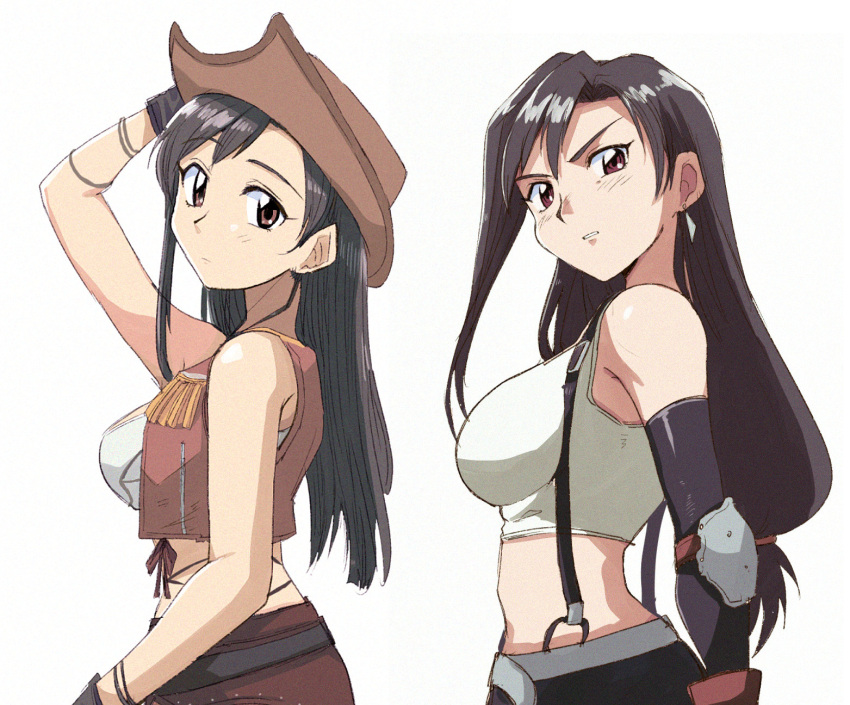 1990s_(style) 1girl arm_guards armpits bare_shoulders belt black_hair black_skirt breasts brown_eyes collarbone cowboy_hat crop_top earrings film_grain final_fantasy final_fantasy_vii fur_trim hat highres jewelry large_breasts long_hair looking_at_viewer low-tied_long_hair midriff miniskirt multiple_views navel pencil_skirt pleated_skirt shirt skirt sleeveless sleeveless_shirt smile sports_bra suspender_skirt suspenders tifa_lockhart tsubobot very_long_hair white_shirt