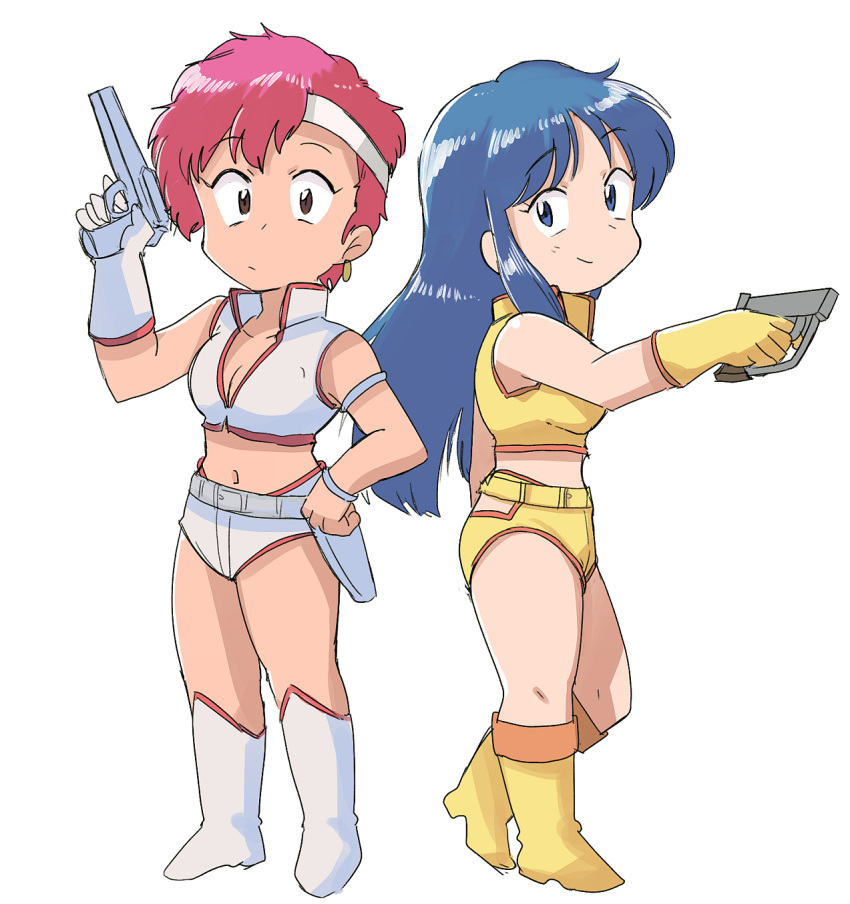 2girls back-to-back blue_hair boots breasts brown_eyes chibi cleavage_cutout clothing_cutout dirty_pair energy_sword gun hand_on_hip highres holding holding_gun holding_weapon kei_(dirty_pair) looking_at_viewer medium_breasts multiple_girls navel redhead short_hair smile sword tsubobot weapon white_footwear wide_hips yellow_footwear yuri_(dirty_pair)